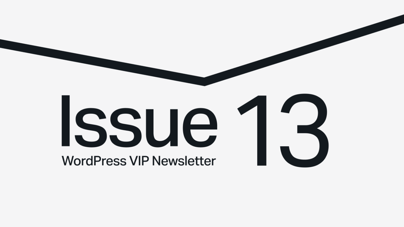 Text saying Issue 13 WordPress VIP Newsletter with a black chevron line above on a gray background.