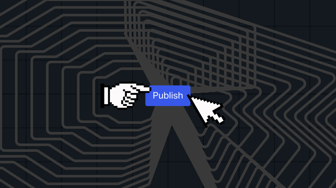 A pixel hand and arrow cursor point to a blue Publish button on a dark, abstract background, emphasizing the importance of AI content quality.