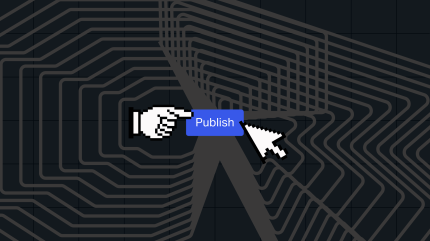 A pixel hand and arrow cursor point to a blue Publish button on a dark, abstract background, emphasizing the importance of AI content quality.