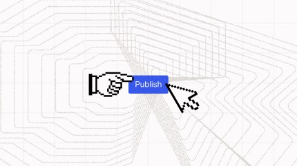 Pixel hands and a cursor point at a blue Publish button on a white background with gray abstract lines, symbolizing the role of human judgment AI content brings to modern enterprise content operations.