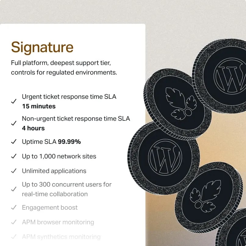 Text listing features of the Signature support tier, with the WordPress logo on digital coins to the right.