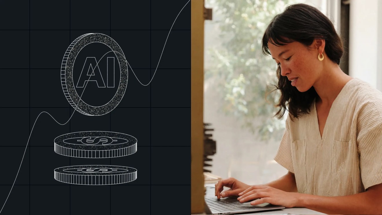 A woman using a laptop for wordpress managed hosting, beside a graphic of AI coins and a rising line graph, representing AI for publishers.