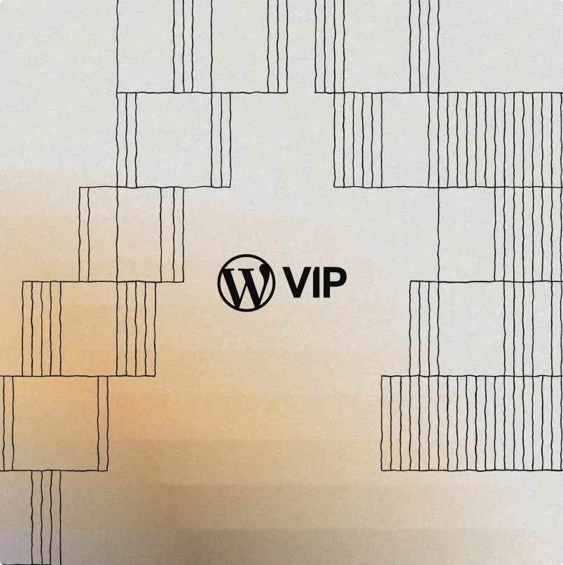 WordPress VIP logo centered, with outlined square patterns on a beige gradient background.