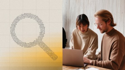 Two colleagues working on a laptop beside a graphic of a magnifying glass made of letters to symbolize headless CMS SEO.