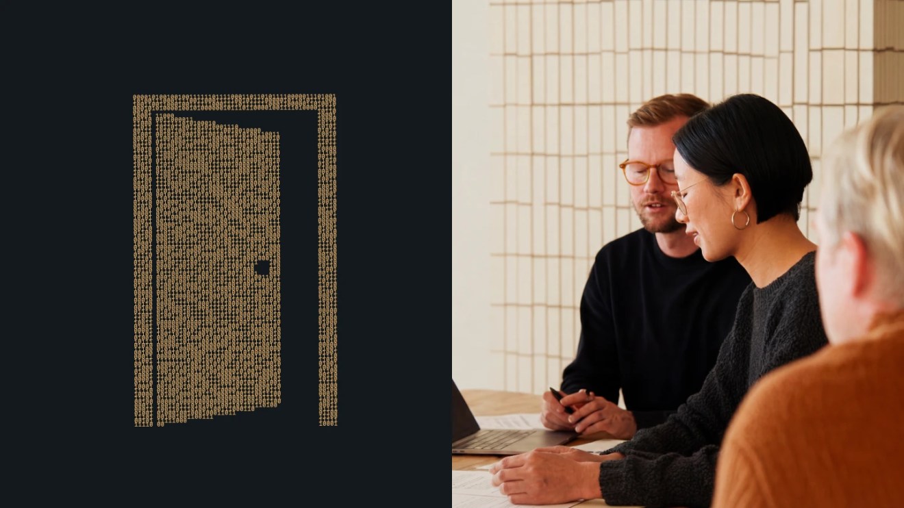 Three people sit at a table next to a binary code doorway graphic, representing enterprise AI adoption.