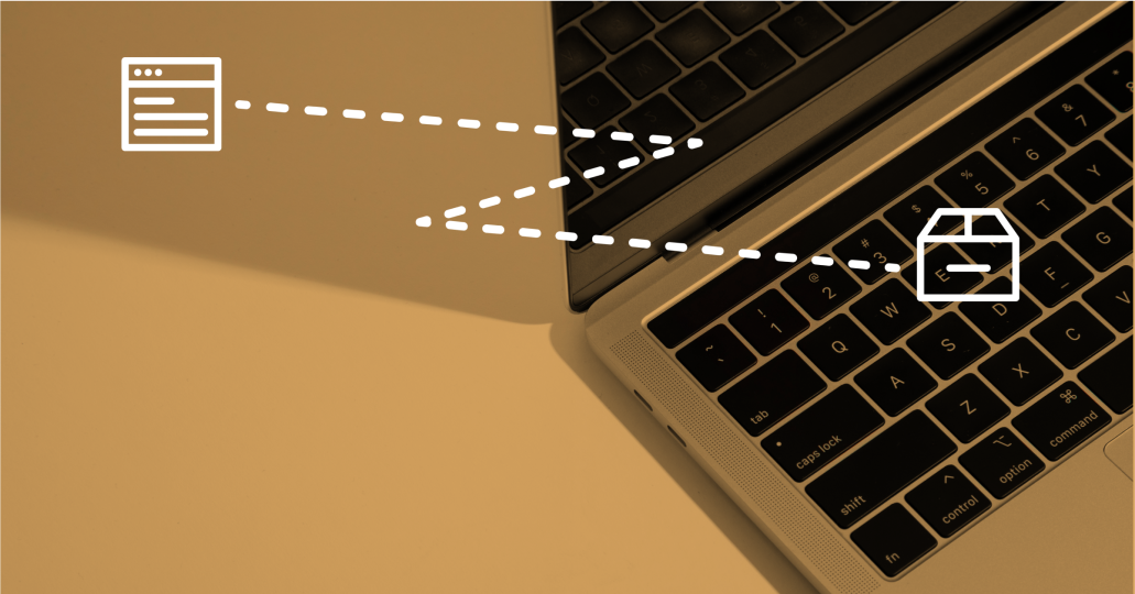 Icon of a message with a dotted line zig-zagging to an icon of a closed box, both are superimposed over the image of a laptop partially in view.