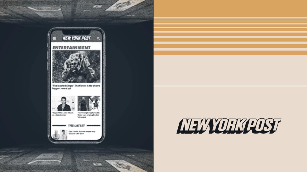 Mobile phone displaying the New York Post entertainment section, highlighting their digital-first publishing strategy. Surrounded by stylized newspaper textures, this visual represents the New York Post’s transition from print legacy to modern digital media with WordPress VIP.