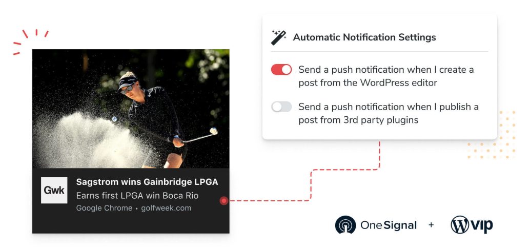 OneSignal's WordPress plugin being used to automate notifications with a story about a golfer winning a tournament