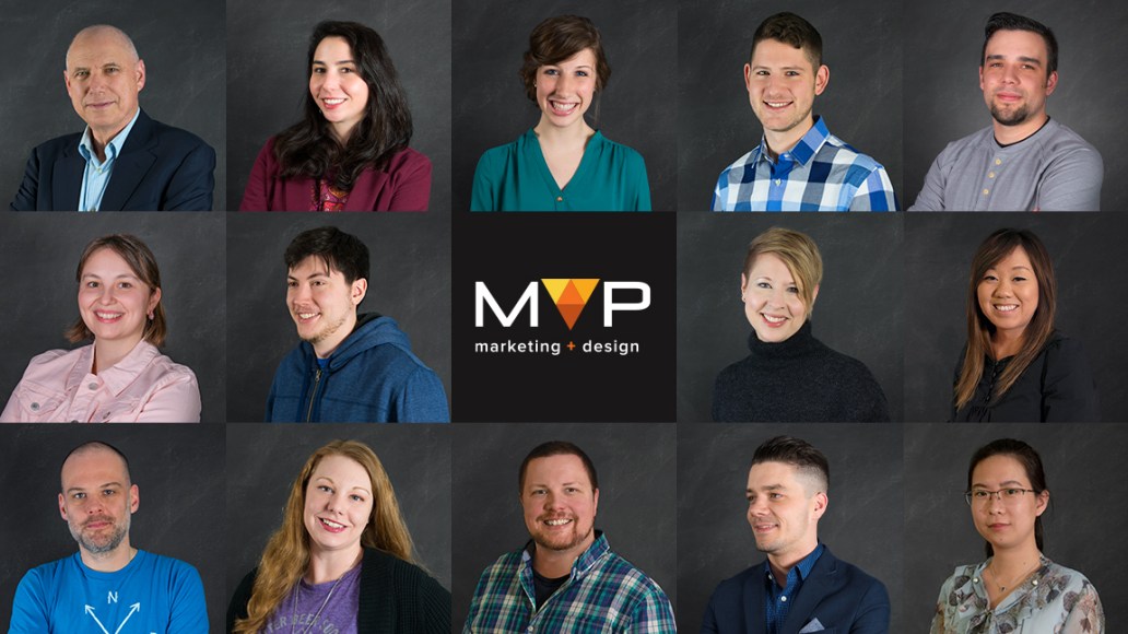Fourteen headshots that show MVP personnel with the MVP logo in the middle of the headhsots