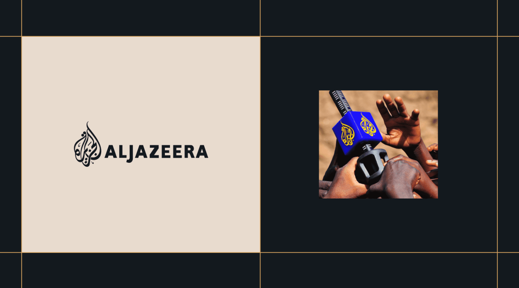 Al Jazeera logo on a beige background on the left, and on the right, a close-up of multiple hands reaching towards a microphone covered with an Al Jazeera-branded blue windscreen.