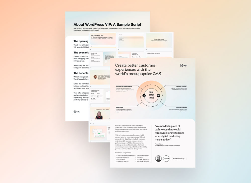 The covers of three assets: sample script, one-page summary flyer, presentation slide deck