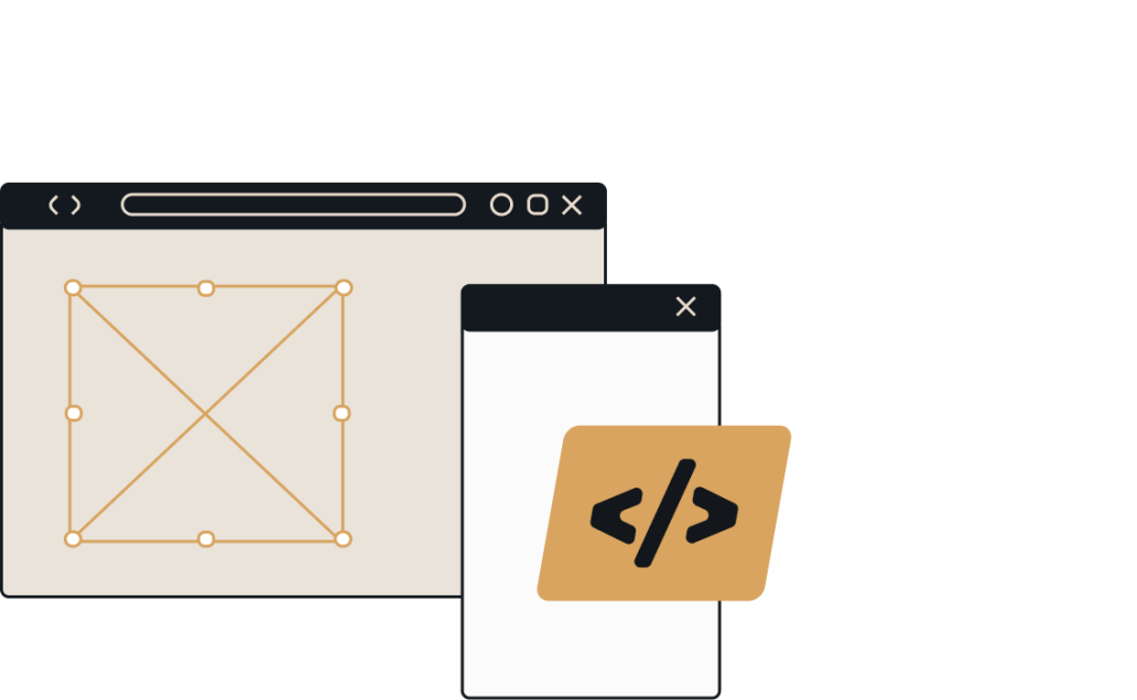 A browser window and mobile screen with coding and layout elements, representing web or app development.