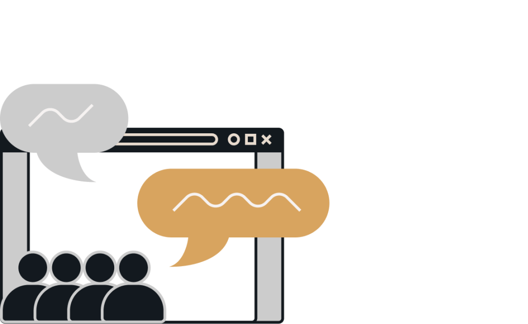 A browser window with speech bubbles above an audience, representing virtual meetings or discussions.