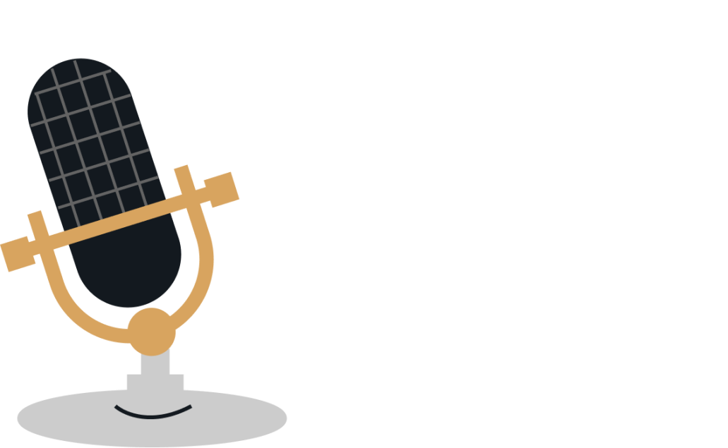 A vintage-style microphone with a gold frame and black mesh, representing podcasting or audio content.