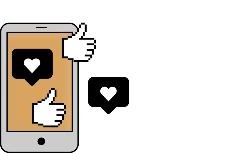 A smartphone with pixelated thumbs-up icons and a heart notification, symbolizing social media engagement.