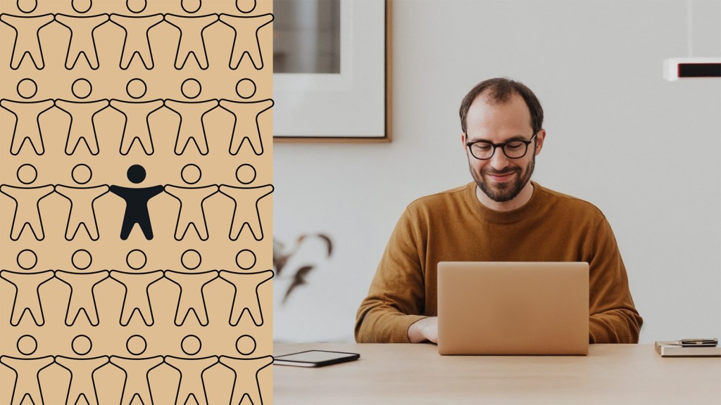 Split image showing an illustrated pattern of stylized human figures with one highlighted among a crowd on the left, and a man wearing glasses working on a laptop at a desk on the right, representing individual users and website accessibility standards for businesses.