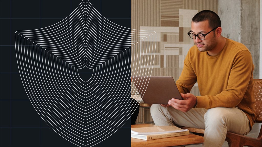 Man in glasses using a laptop, with an abstract shield design symbolizing WordPress Security on a dark background beside him.