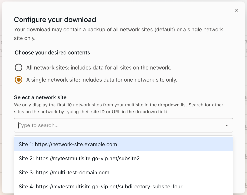 The "Configure Download" modal, showing options for network site configuration