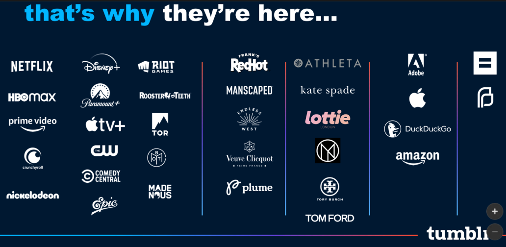 Logos of enterprise brands that participate on Tumblr, like Netflix, Kate Spade, Adobe, and more.