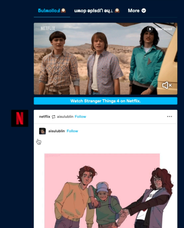 An example of the Stranger Things "Upside Down" custom Tumblr dashboard page