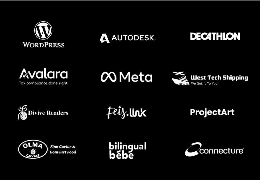 Customer and project logos for InfoStride, including WordPress, Autodesk, decathlon, avalara, Meta, West Tech Shipping, Divive Readers, Feis.link, ProjectArt, Olma Caviar, bilingual bebe, and connecture.