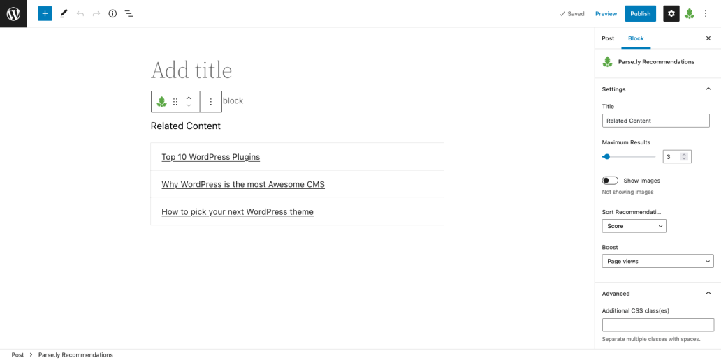 Example of the Recommendations Block in action, highlighting "Related Content" in the WordPress admin