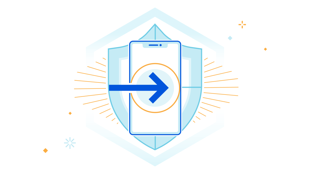 Illustration of a shield with a mobile phone at the center, emblazoned with a circle and a thick lined blue arrow point to the right