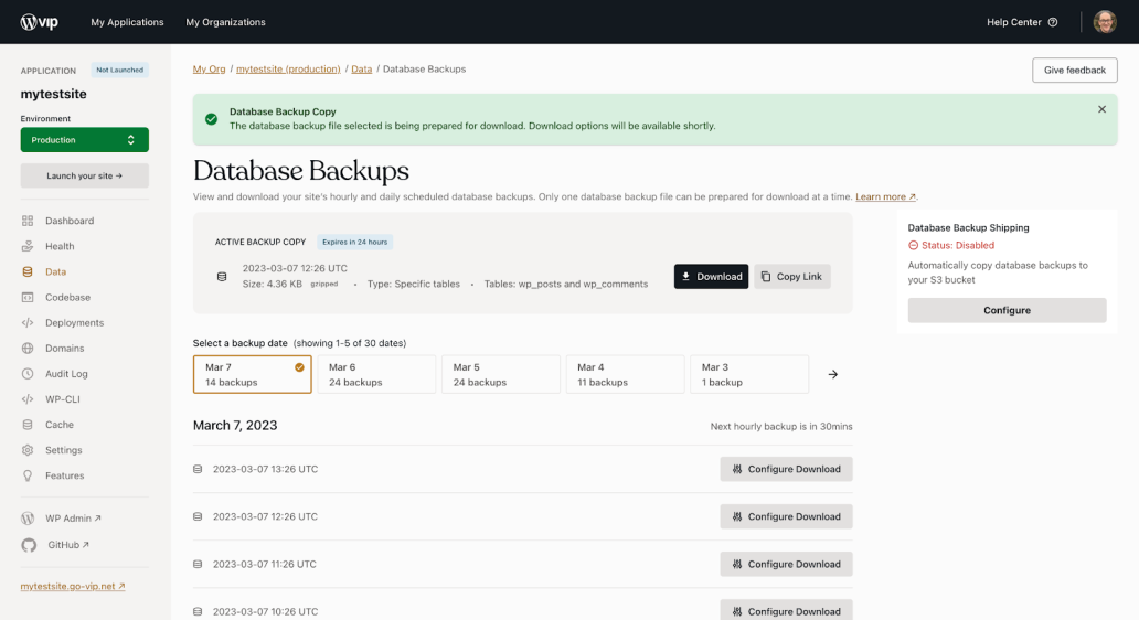 Database backups in the WordPress VIP Dashboard