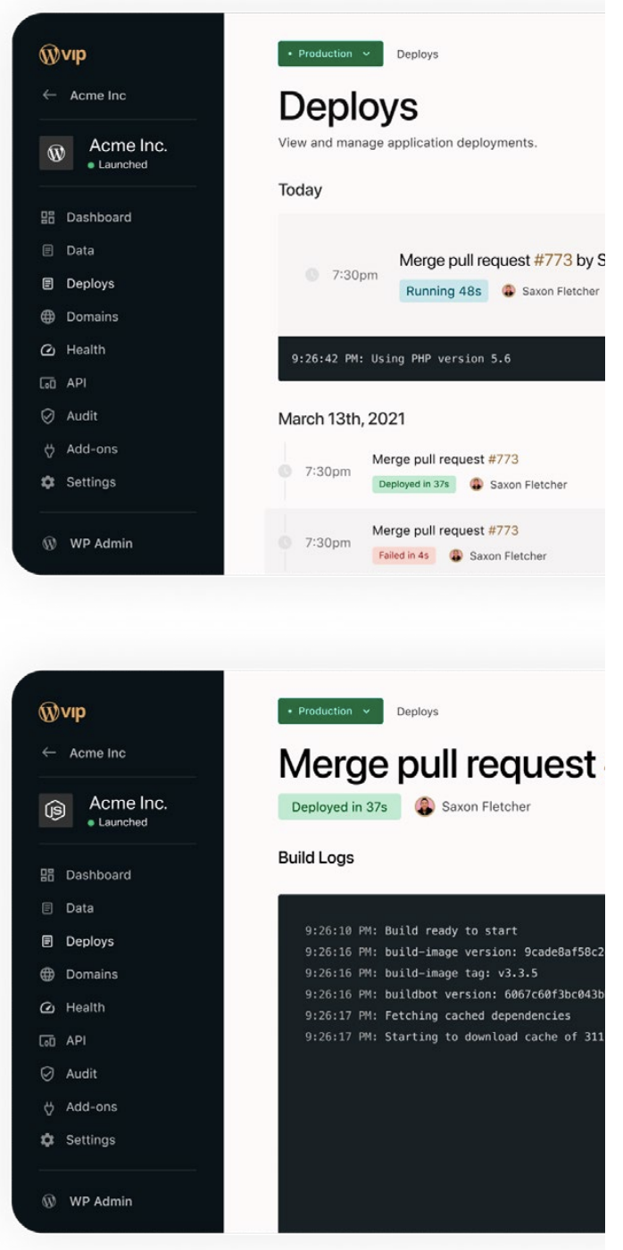 Deploys and pull requests in the VIP Dashboard