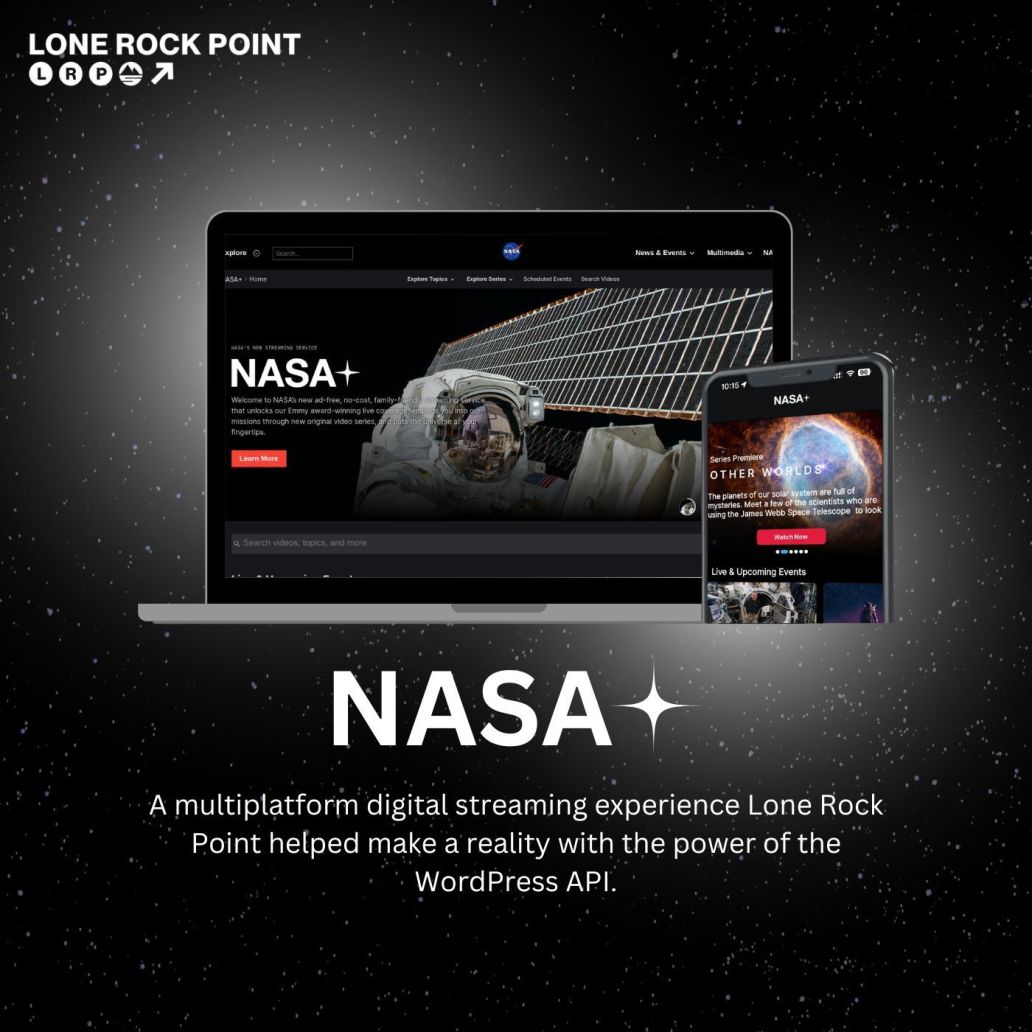 Image: Laptop in space showing a rocket taking off. Description: NASA.gov. A user-centered experience that orbits around accessibility and engagement. Lone Rock Point used WordPress and the flexibility of Gutenberg blocks to build NASA’s launchpad for discovery.