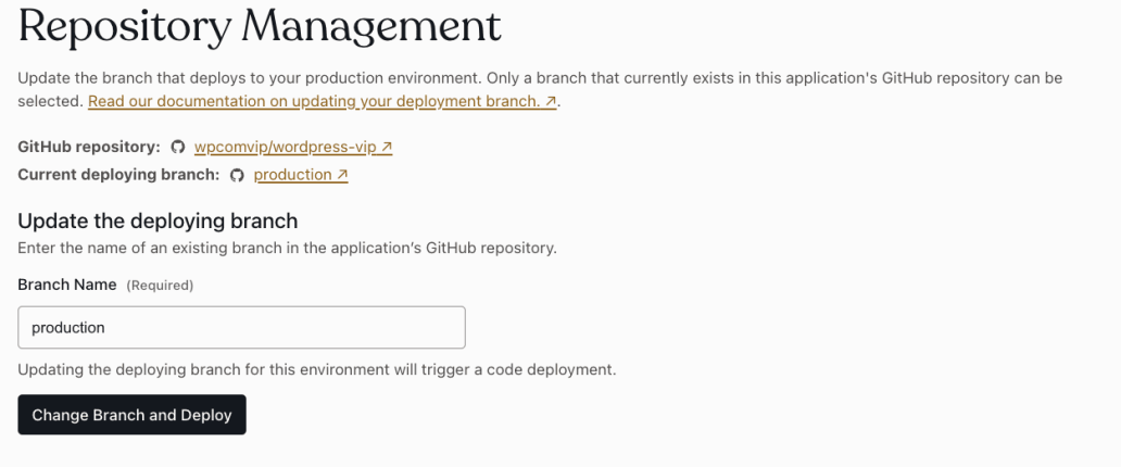 Screen shot showing Repository Management UI related to updating a deploying branch in GitHub. 