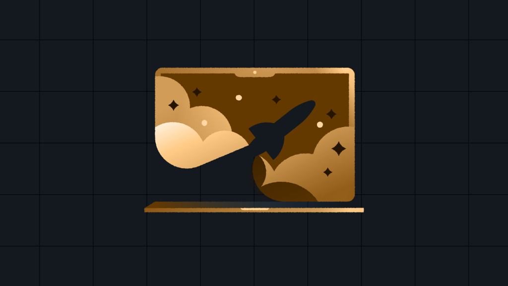 A stylized golden illustration of a laptop screen showing a rocket launching through clouds and stars, symbolizing improved speed and performance.
