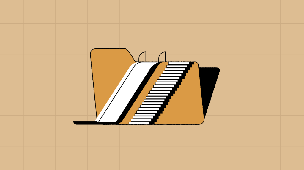 An illustration of a manila folder with a flight of stairs juxtaposed with a slide.