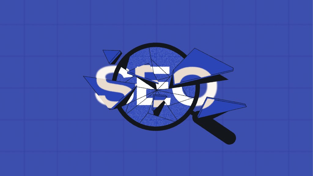 A magnifying glass shattering into broken glass pieces over the word “SEO,” symbolizing the breakdown or disruption of traditional search engine optimization.