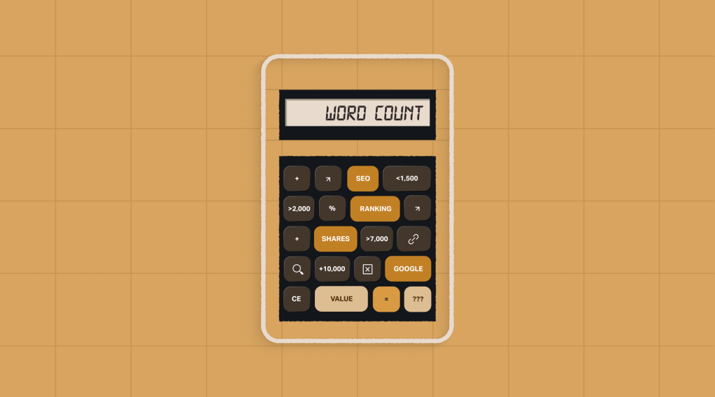 Illustration of a calculator labeled “Word Count,” with buttons showing content metrics like SEO, ranking, shares, links, and Google, symbolizing how different factors influence ideal article length.