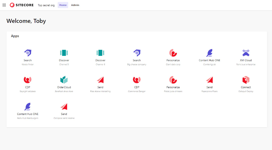 Sitecore’s Cloud Portal dashboard offers shortcuts to CMS products like XM Cloud and Hub ONE, other cloud-based products like Send, CDP, OrderCloud, and more.