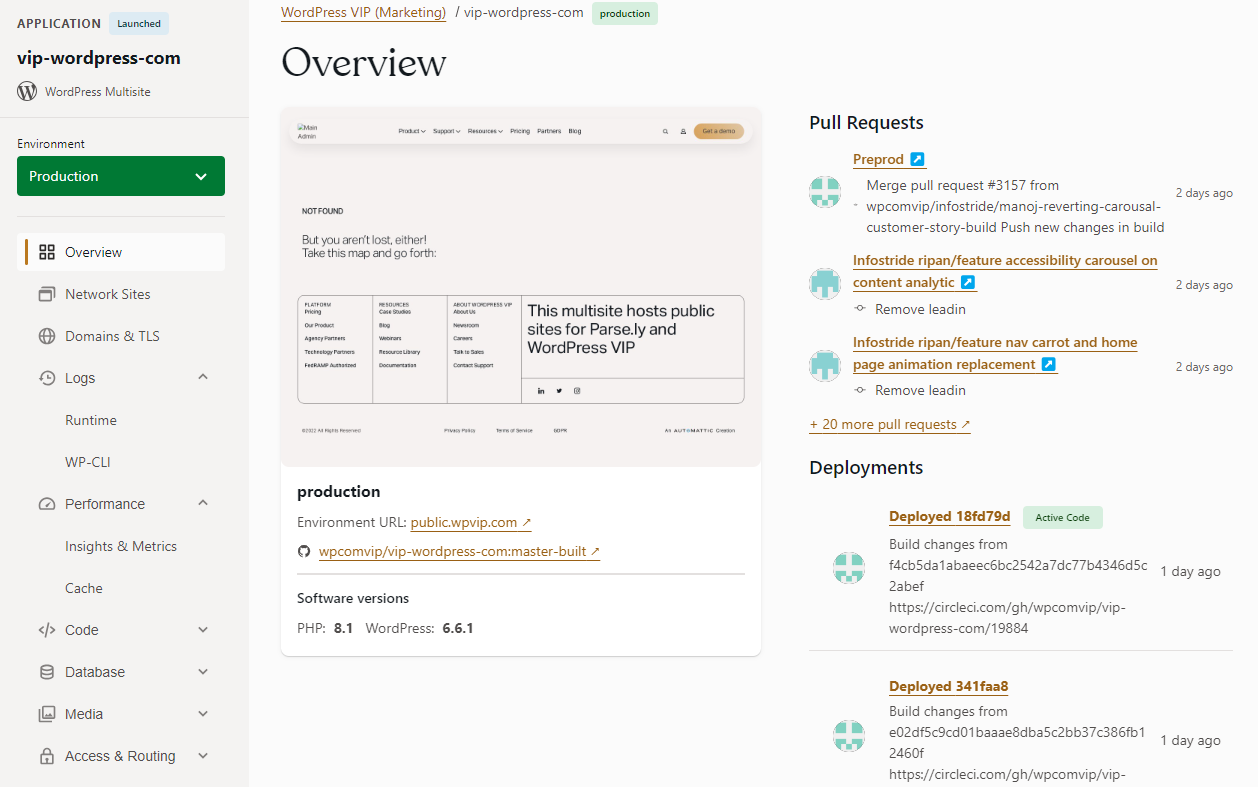 WordPress VIP’s dashboard is built with hubs for multisite management, database backups, performance insights, and metrics listed.