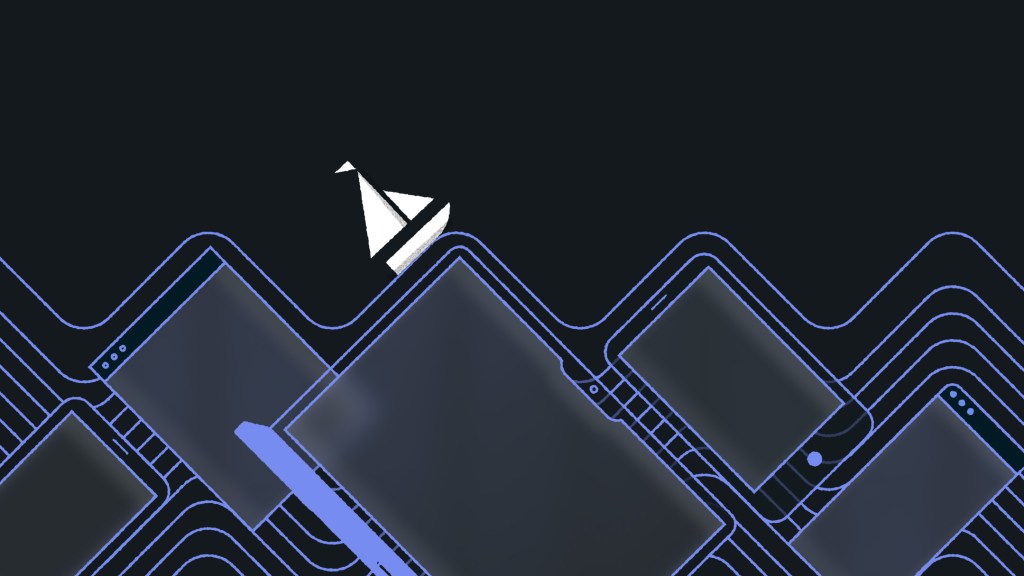 Illustration of a small white sailboat navigating across overlapping outlines of digital screens, symbolizing guiding media teams through a complex, multi-device landscape.