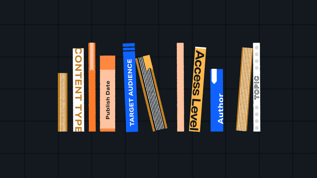 Illustrated bookshelf filled with colorful book spines labeled “Content Type,” “Publish Date,” “Target Audience,” “Access Level,” “Author,” and “Topic,” representing different elements of a content taxonomy.