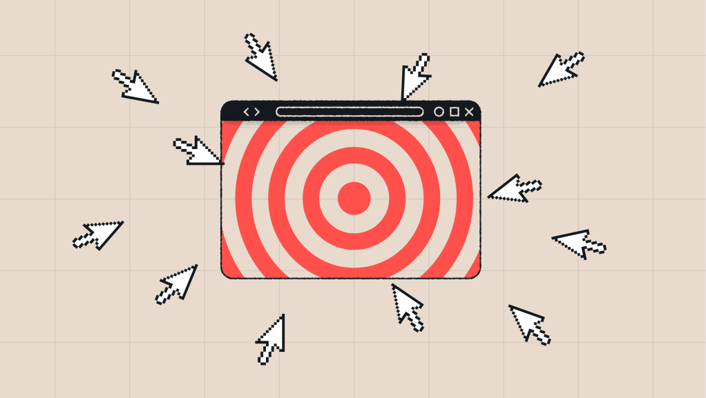 A web browser window with a red bullseye target inside it is surrounded by multiple pixelated cursor arrows pointing toward it, symbolizing a website being targeted for cyberattacks.