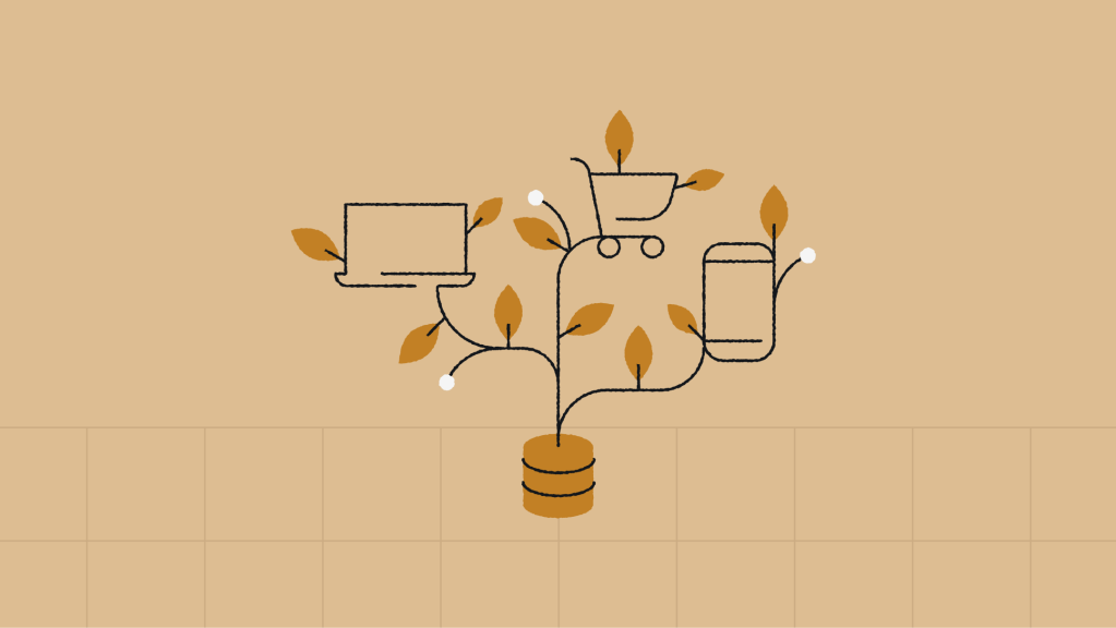 A stylized illustration of a plant growing from a cylindrical data source, symbolizing product information management, digital commerce and technology growth.