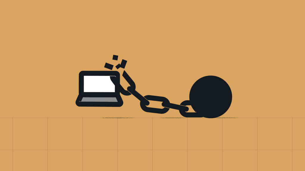 Illustration of a laptop breaking free from a heavy ball and chain, symbolizing liberation from outdated or restrictive technology.