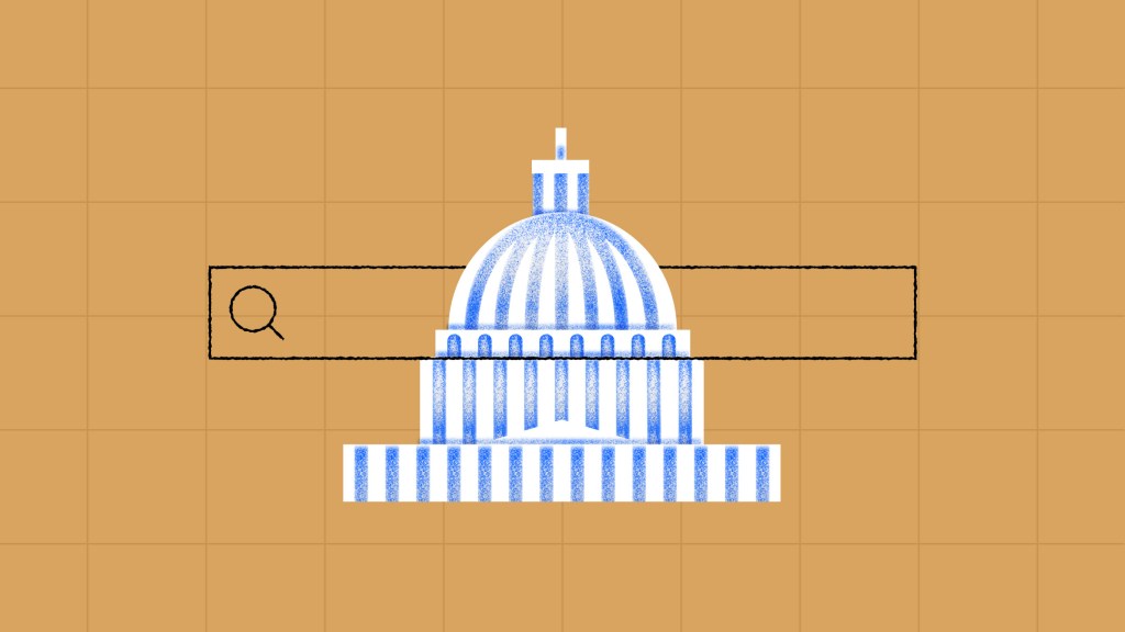 Illustration of a search bar overlaying a simplified blue and white U.S. Capitol dome, symbolizing search functionality on government websites, set against a warm ochre background.