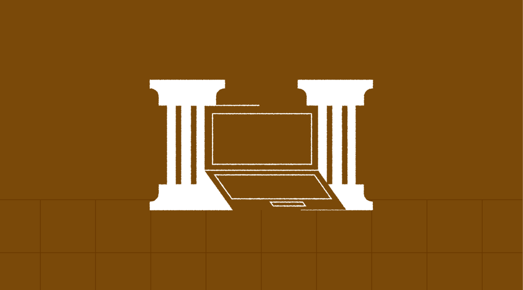 Illustration of a laptop sitting between two classical architectural pillars, symbolizing a strong foundational structure; representing how digital public infrastructure efforts rely on dependable, stable technological foundations.