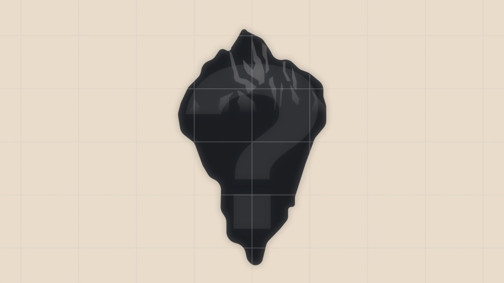 Illustration of a dark iceberg emerging from the surface of the water, with a soft, abstract reflection below. The visible tip represents a small portion above the surface, while the majority is hidden underwater—symbolizing unseen depth or complexity.