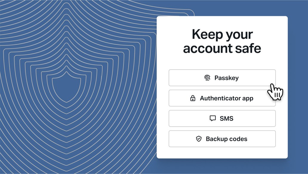 Security options interface showing multi-factor authentication methods: Passkey, Authenticator app, SMS, and Backup codes. A hand cursor is selecting "Passkey." In the background, layered shield-shaped lines emphasize protection and security.