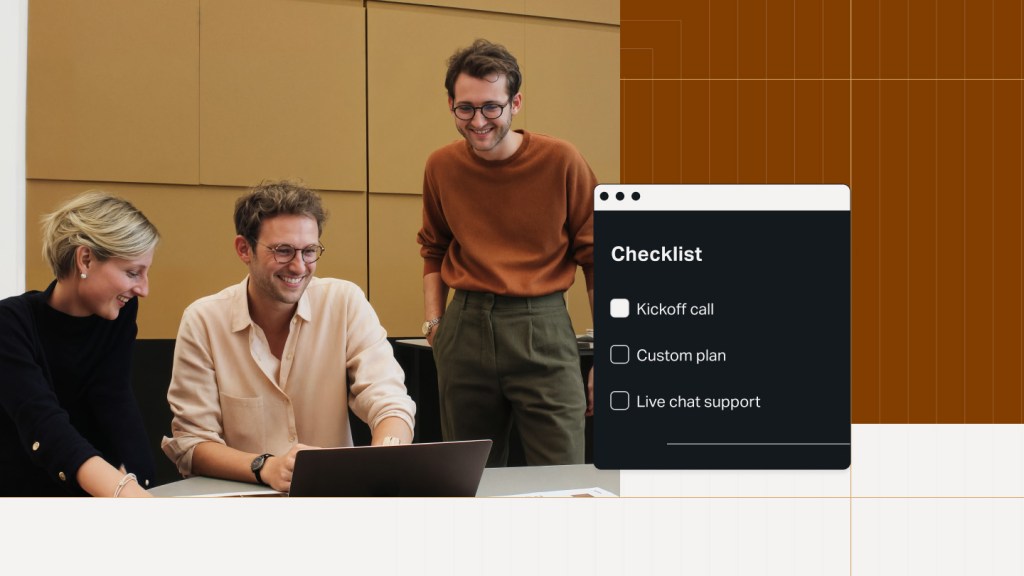 Three teammates gathered around a laptop, reviewing a launch checklist—"Kickoff call," "Custom plan," and "Live chat support"—symbolizing white-glove onboarding support.