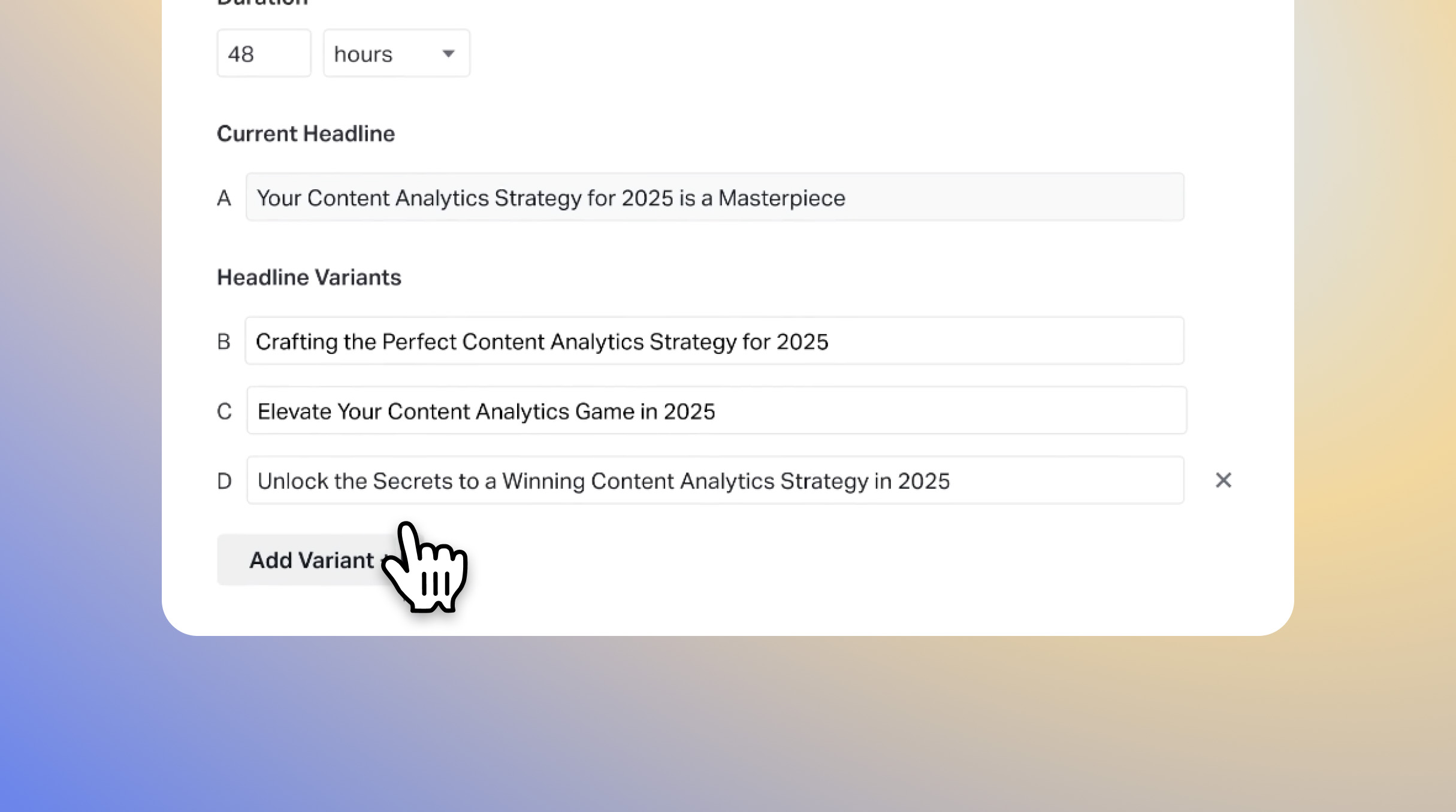 Headline test setup showing multiple headline variants with a cursor clicking Add Variant to generate new ideas.