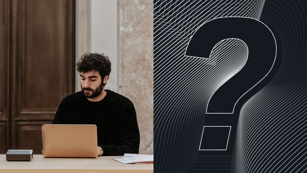 A man working on a laptop at a wooden desk looks focused, while beside him a large stylized question-mark graphic appears over a dark, wavy lined background, representing inquiry in a digital context.