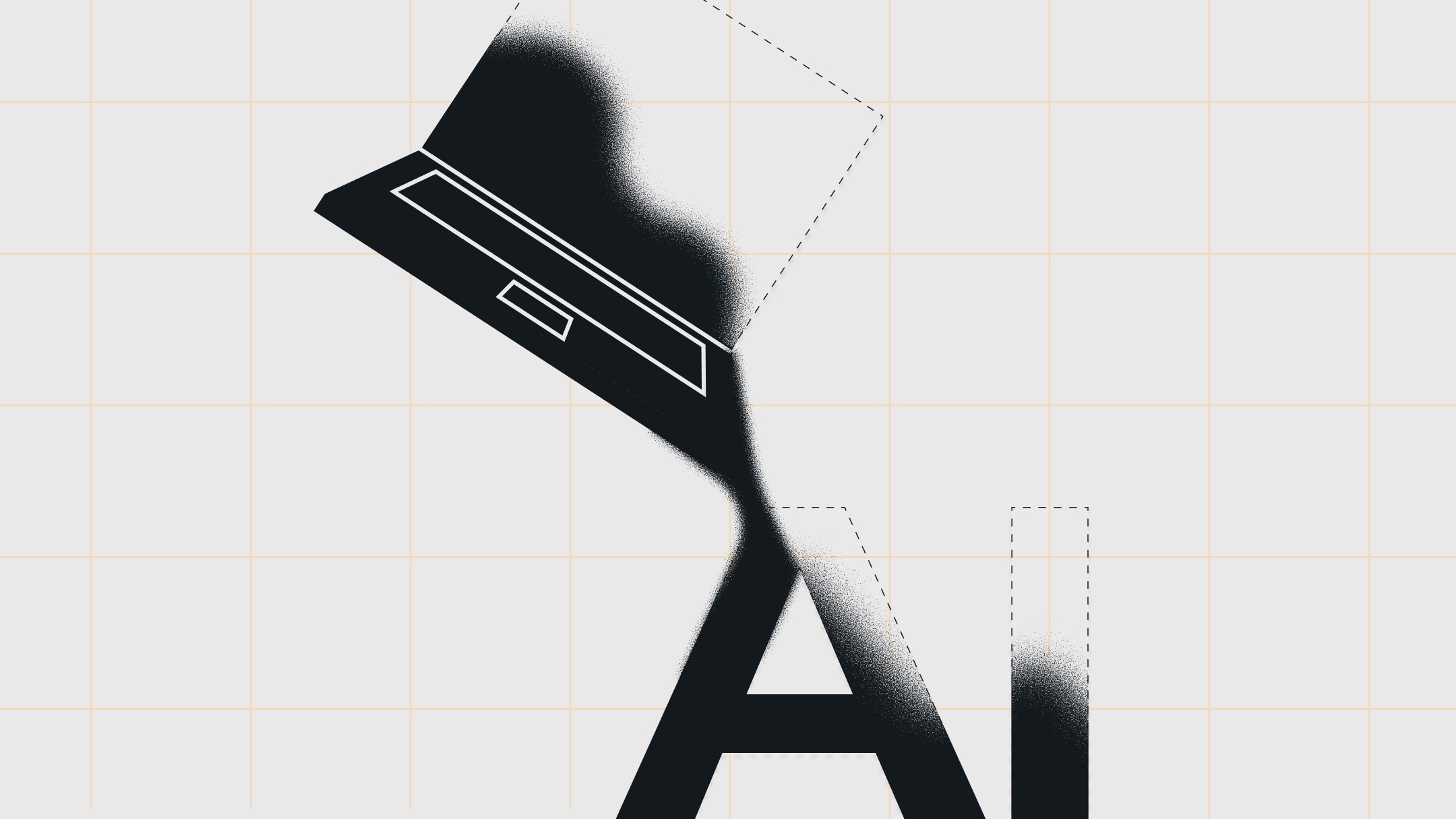 Stylized illustration of a laptop dissolving into the letters 'AI', symbolizing the fusion of technology and artificial intelligence in digital content creation.